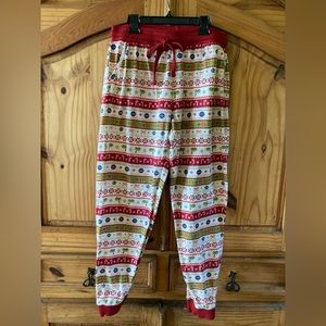 Women 30a red green Christmas palm tree print pajama lounge jogger pants- large